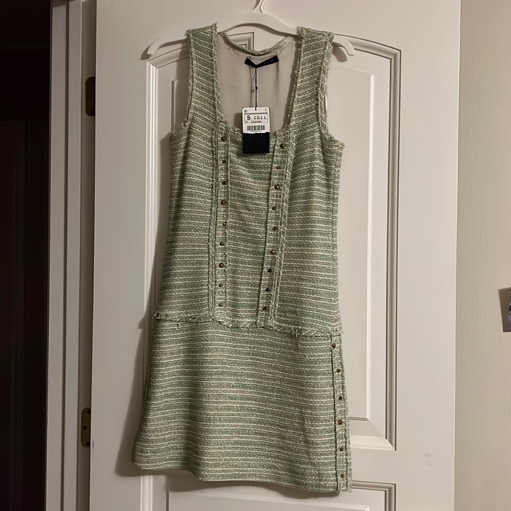 Zara Business dress Sleeveless tweed green/gold/white Small/S